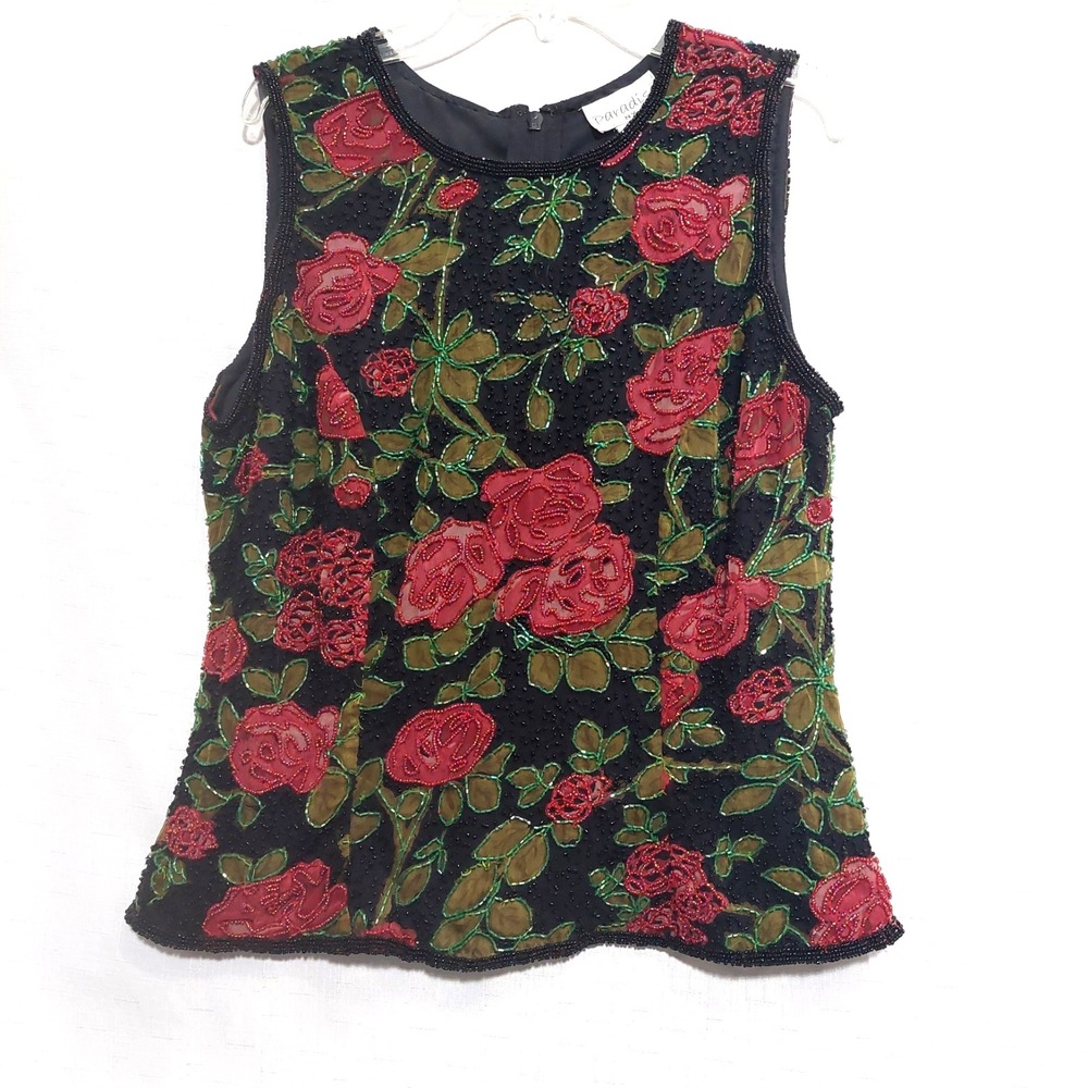 VTG Paradise NY Womens M Beaded Silk Sleeveless Tan Top Slimming Full Back Zip